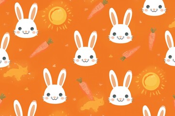 Continuous design featuring bunnies, carrots, and sun icons on a bright orange backdrop 2D artwork illustration