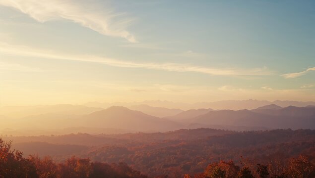 Distant misty autumn hills with a soft, muted palette