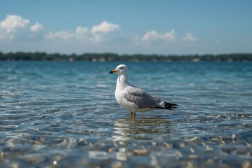 Fototapeta premium A gull wading in the shallow waters of a lake