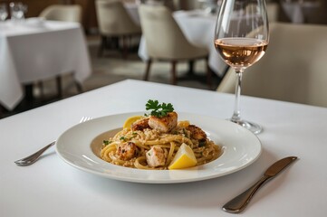 Pasta with seafood served on a white dish alongside rose wine and silverware on a white tablecloth