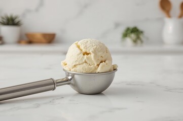 Vanilla ice cream served in a scoop on a wooden surface