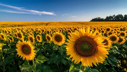 Fototapeta premium Vibrant Sunflower Field Under a Clear Blue Sky, a Summer Day Panorama