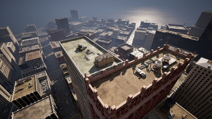 Obraz premium A wide view from a high rooftop overlooking a lively city. Tall buildings stretch into the distance, with the sun illuminating the urban landscape. The below streets buzz with activity.