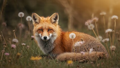Fototapeta premium Resting Among Dandelions, Red Fox Vixen (Vulpes vulpes) Surrounded by Wild Blossoms. The Beauty of Nature