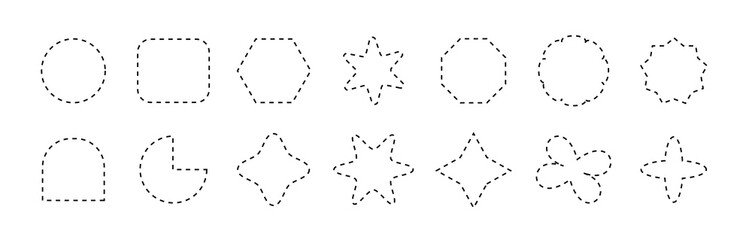 Different geometric outlines of shapes with zig zag wavy edge. Rectangle, Oval, Circle, Square. Vector set black elements for design frame, stamp, template and badges, vector illustration.