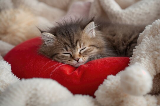 Tiny Cat Resting on a Crimson Cushion