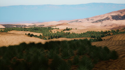 Stretched over rolling hills, a diverse desert scene features vibrant green shrubs among warm sandy tones. Mountains rise in the background under a bright azure sky, showcasing natures beauty.