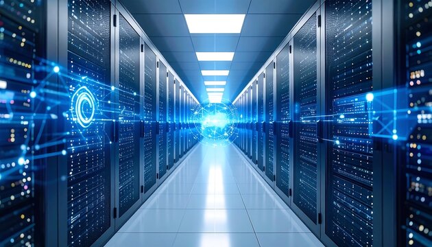 Server room, futuristic digital overlay - Powered by Adobe