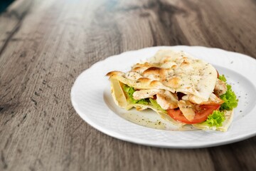 Tasty fresh sandwich dish. Junk food.