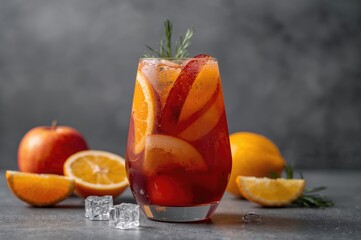 Refreshing fruit sangria with apple, orange, lemon, and ice on a neutral backdrop. Close-up with selective focus.