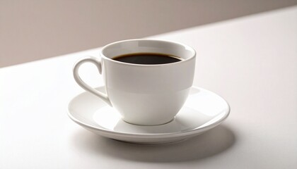 White ceramic cup filled with black coffee on matching saucer—