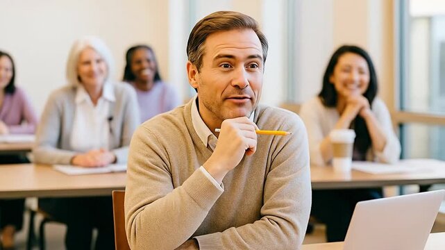 Engaged Adult Male Student in Diverse Classroom Setting, Actively Participating and Learning During a Professional Seminar or Workshop - Powered by Adobe