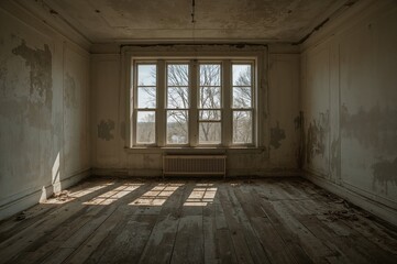 Large window in an abandoned vintage house