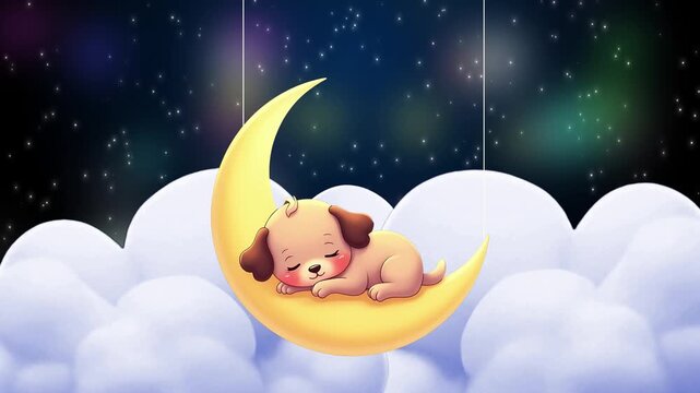 Adorable Puppy's Sweet Dreams: Sleeping Peacefully on a Crescent Moon Amidst Starry Clouds, Peaceful Dreams: Adorable Cartoon Puppy Asleep on a Golden Crescent Moon Amidst a Starry Night Sky and Flu

