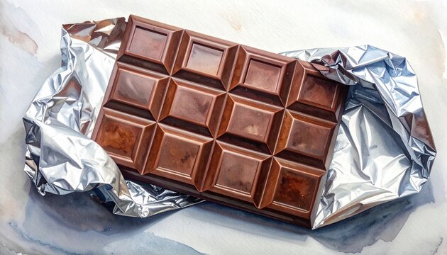 Glossy segmented chocolate bar on crinkled aluminum foil, arranged in a 3x5 grid with smooth texture and rich brown tones.