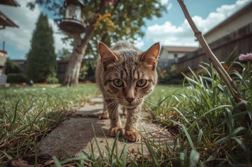 Obraz premium A stray cat scavenges for food in a deserted backyard.