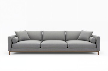 Modern minimalist gray sectional couch on a white backdrop. Unadorned fabric seating with cushions and arm supports ideal for contemporary decor. Furniture idea.