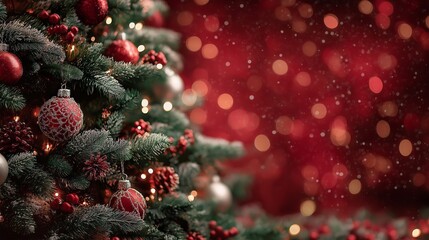 A Christmas tree with red and white ornaments and a red background