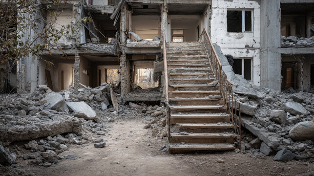 Collapsed building with an exposed staircase surrounded by debris after destruction in an urban area at sunset