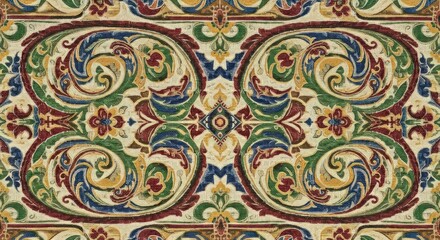 A symmetrical, ornate, and colorful tapestry featuring intricate floral and scrolling patterns in shades of red, blue, green, and yellow.