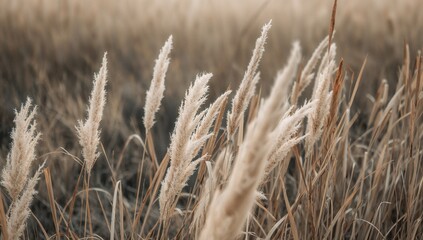 Fototapeta premium Fluffy long grass stems with soft plants set against a stylized natural backdrop