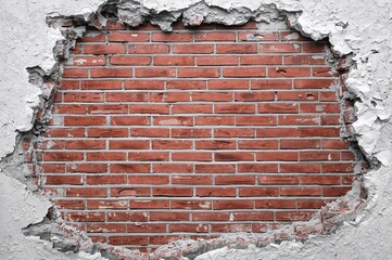 A deteriorating white plaster wall over red bricks is on the verge of falling apart. Grungy brick texture background with damaged plaster surface.