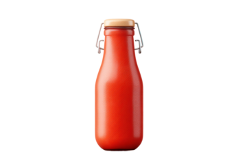 Classic glass bottle of tomato ketchup with metal flip-top lid on black background, cut out