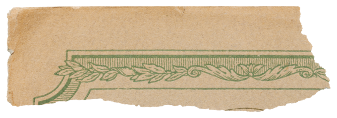 Tear strip of faded vintage book cover, old paper with green flourish pattern isolated for collage
