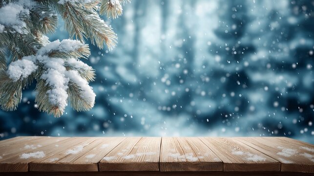 A snowy scene with a tree branch and a wooden table
