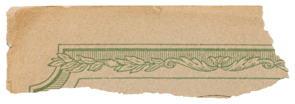 Tear strip of faded vintage book cover, old paper with green flourish pattern isolated for collage