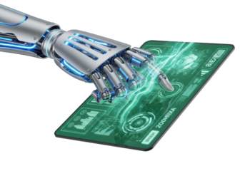 A meticulously detailed metallic robotic hand with blue LEDs precisely grips an emerald green data slate emitting a vibrant holographic interface on a transparent background, high-tech engineering