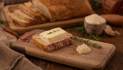 Classic bread served with butter on a wooden surface