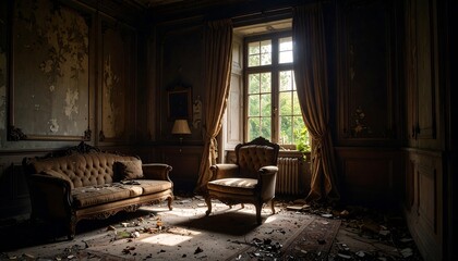 Abandoned room with vintage furniture and sunlight streaming through window.