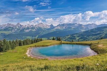 Summer scenery of mountain lakes and forests with clear skies and green grass