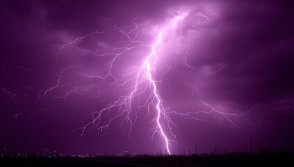 Purple sky with a lightning bolt in the middle. The sky is dark and stormy. The lightning bolt is bright and powerful
