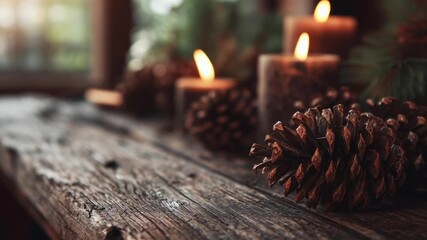 A wooden table with three candles and pine cones on it. The candles are lit and the pine cones are arranged in a way that they look like they are on fire. The scene gives off a warm
