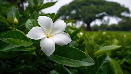 The blossom resembles a gardenia, famous for its sweet scent and shiny emerald leaves.