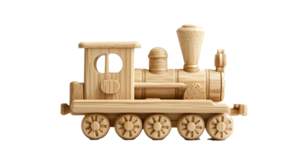 A wooden train engine with tiny wheels on a white background png