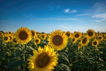 Obraz premium Scenic view of a blooming sunflower farm surrounded by natural beauty and greenery