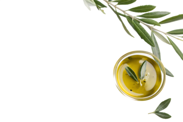 Green olives in olive oil with leaves isolated On Transparent Background