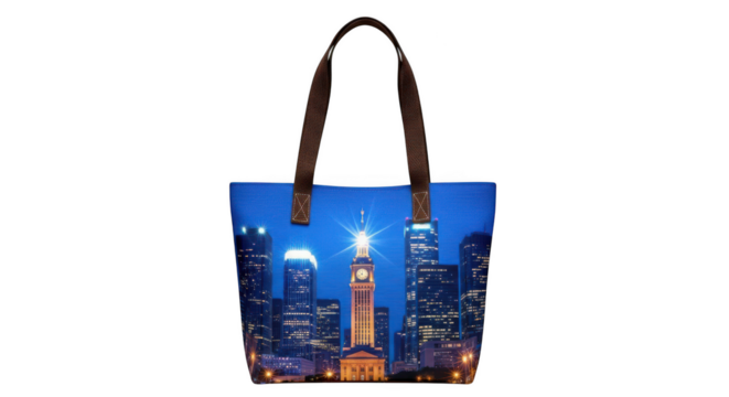 Blue tote bag with cityscape print isolated on transparent background