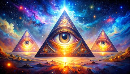 Three illuminated pyramids with all-seeing eyes against a vibrant cosmic backdrop.