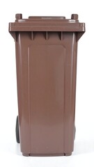 Brown plastic garbage bin with wheels