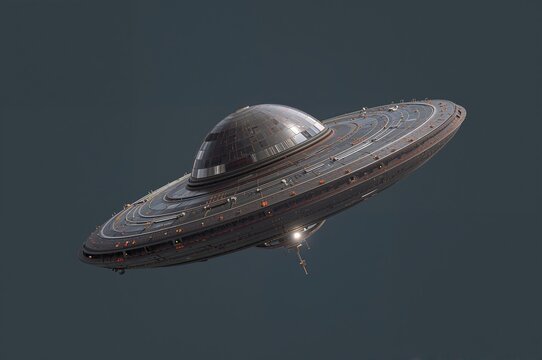 3D rendering of a flying saucer, an unknown aerial vehicle, shown in various perspectives for sci-fi art or space exploration concepts, with clipping path provided