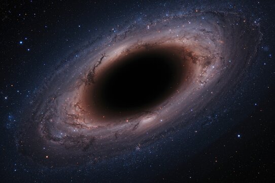 A massive gravitational force pulls stars into a colossal black hole, causing them to implode. The black hole appears like an eye or iris in the cosmos. Components were supplied by a space agency.