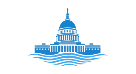 Blue capital building on wavy water isolated on transparent background illustration