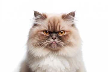 Close-up of an adorable fluffy feline showing a silly grumpy expression with empty space for text