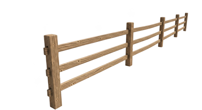Wooden split rail fence isolated on transparent background for farm or ranch