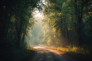 Obraz premium Bright daylight on a rural path surrounded by woods, with distant trees visible
