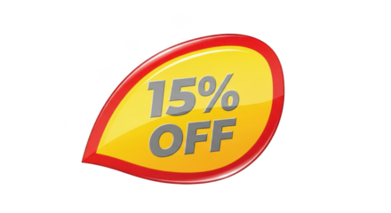 Fifteen percent off discount offer isolated on transparent background